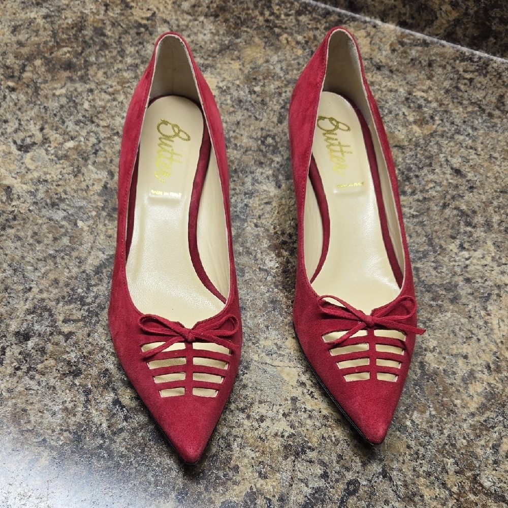 Butter Red Suede Pointed Toe Heels with Lattice Cutouts